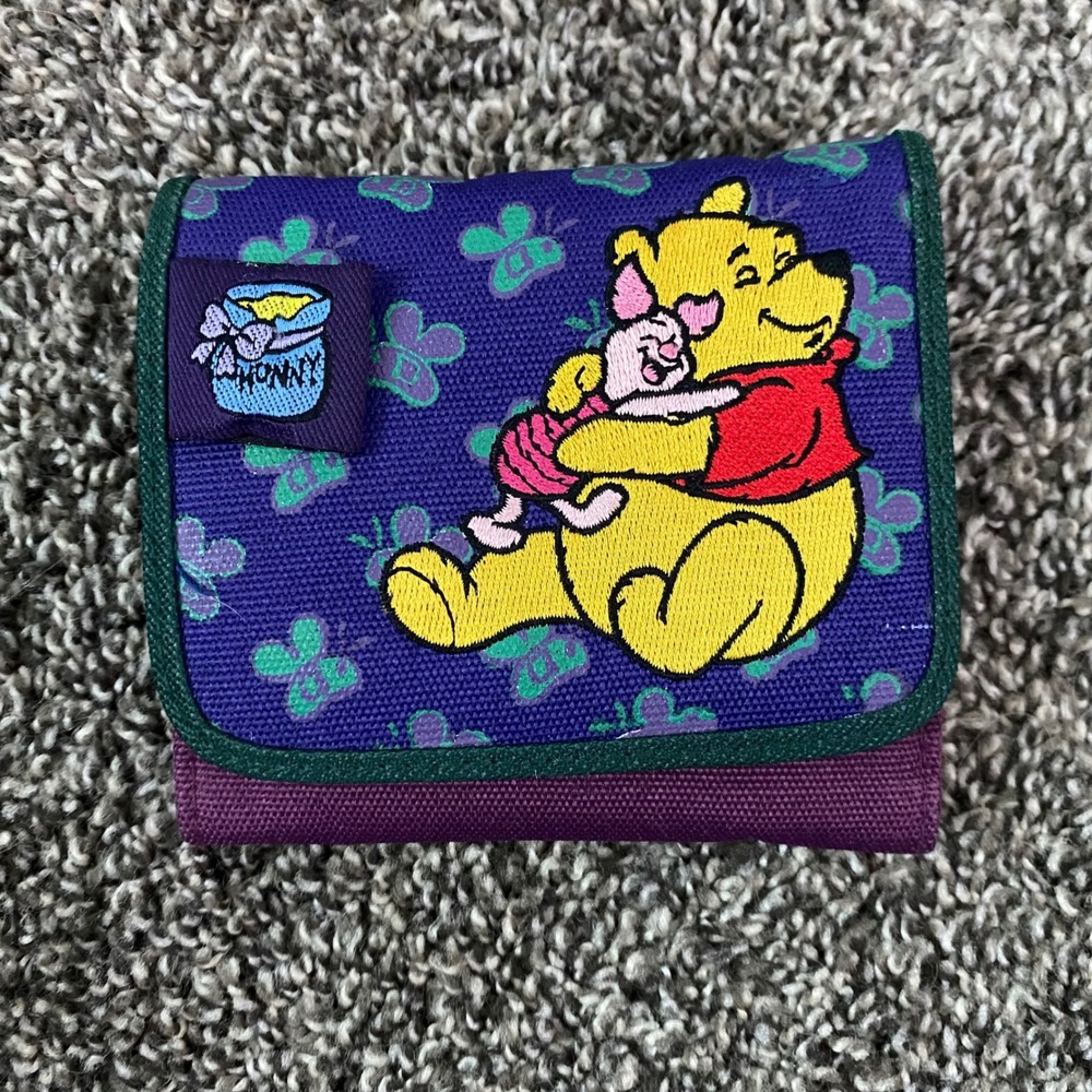 Vintage Disney Winnie the Pooh Piglet Trifold Wallet Purple Canvas Butterfly